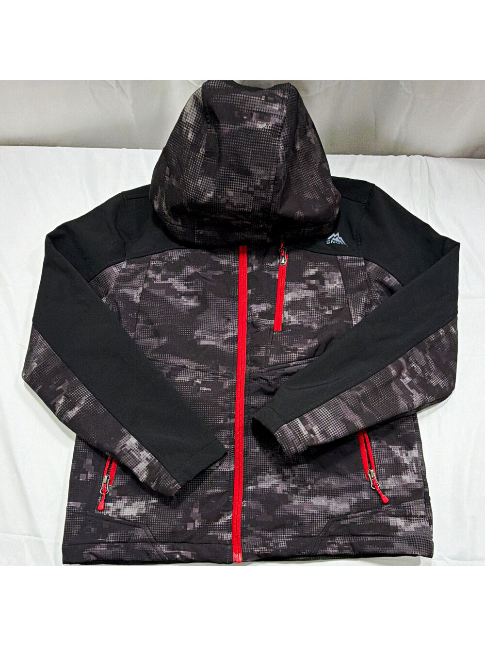 Snozu Men’s Gray Black Camo Hooded Full Zip Jacket Pockets Red Zips 14/16